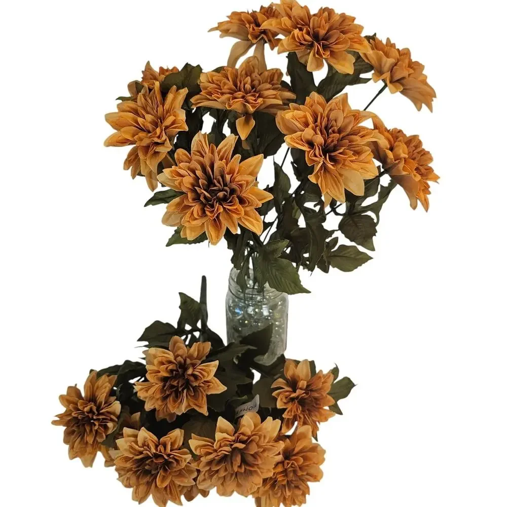 Artificial Tan Mum Flower Bushes Lot 2 15in Silk Chrysanthemum Fall Floral Decor